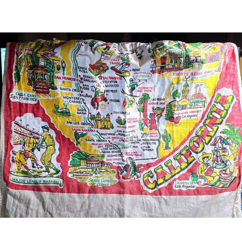 1950s vintage tea towel styled souvenir apron depicting California landmarks